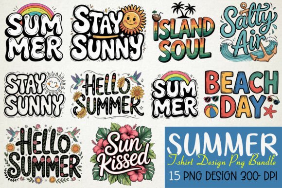 Summer T-Shirt Design PNG Bundle: Vibrant Graphics for Creative Projects