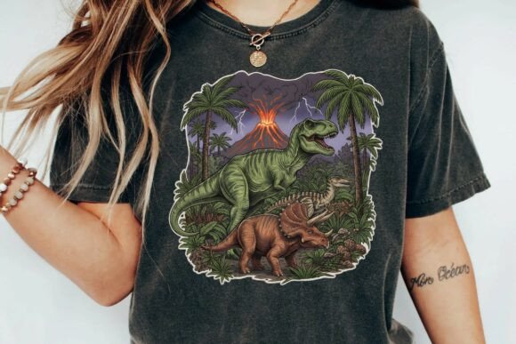 Vintage Prehistoric Dinosaur World Erupting Volcano T-Shirt Design